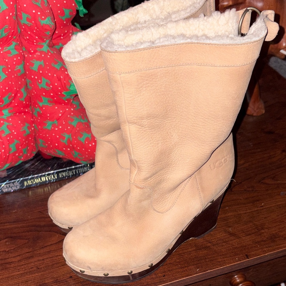 UGG Beige Shearling-Lined Wedge Boots